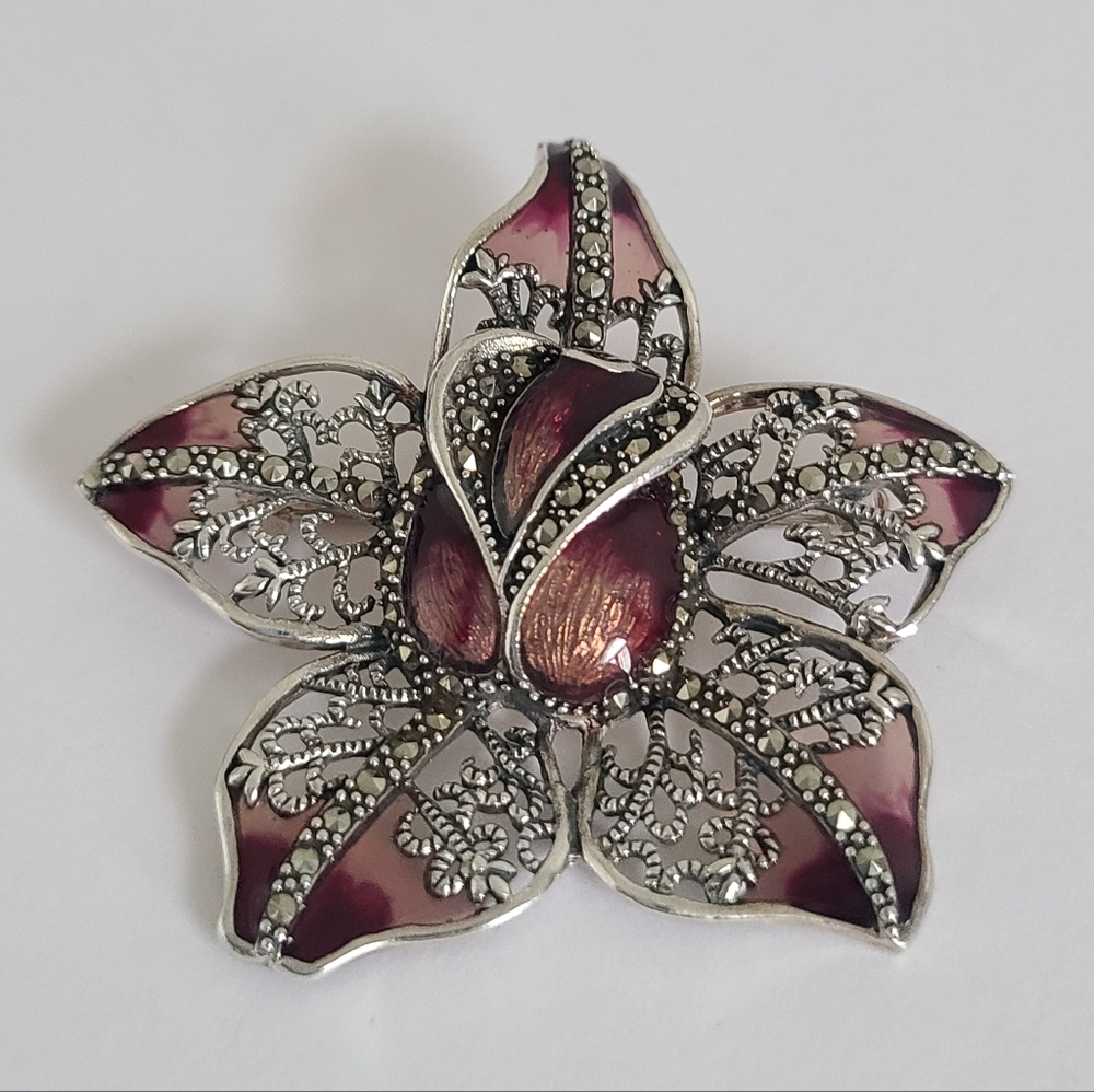 Vintage Boho Sterling Silver Marcasite Crystal Enamel Orchid Flower Brooch Pin - Picture 5 of 9